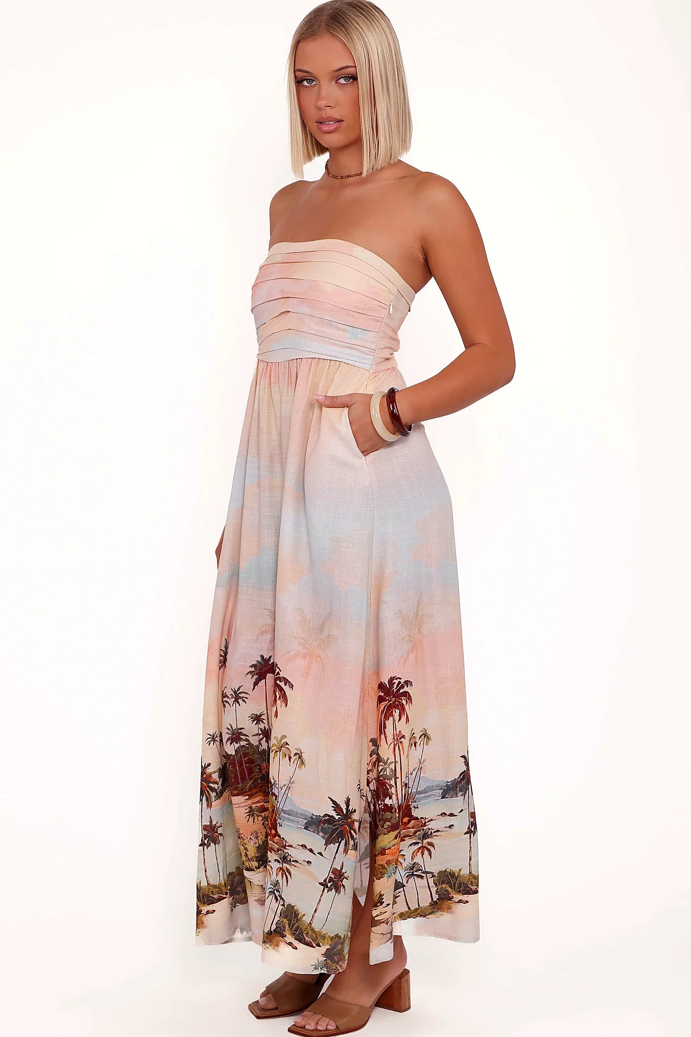 Shirred back panel on a strapless linen midi dress