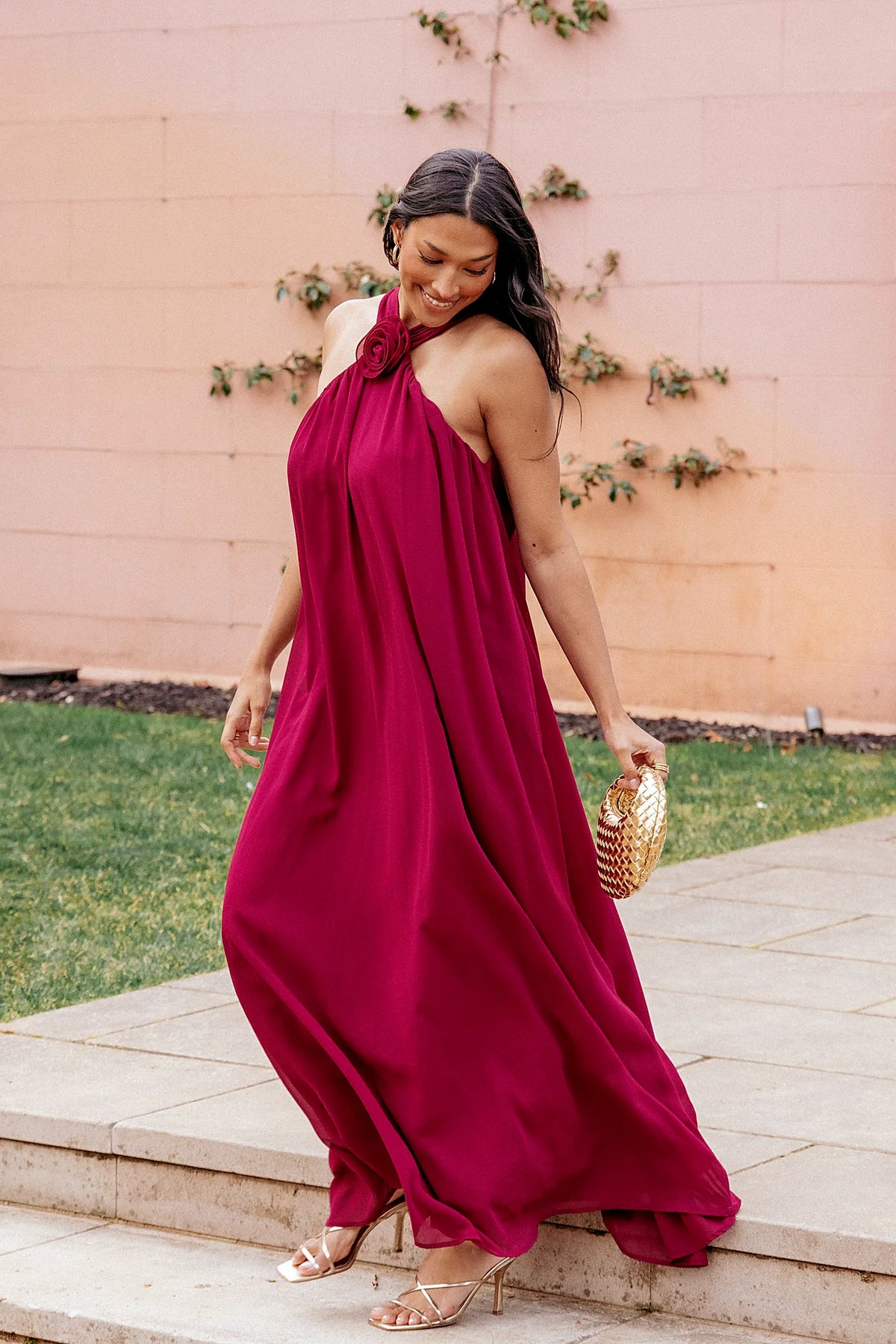 Berry red halter neck maxi dress