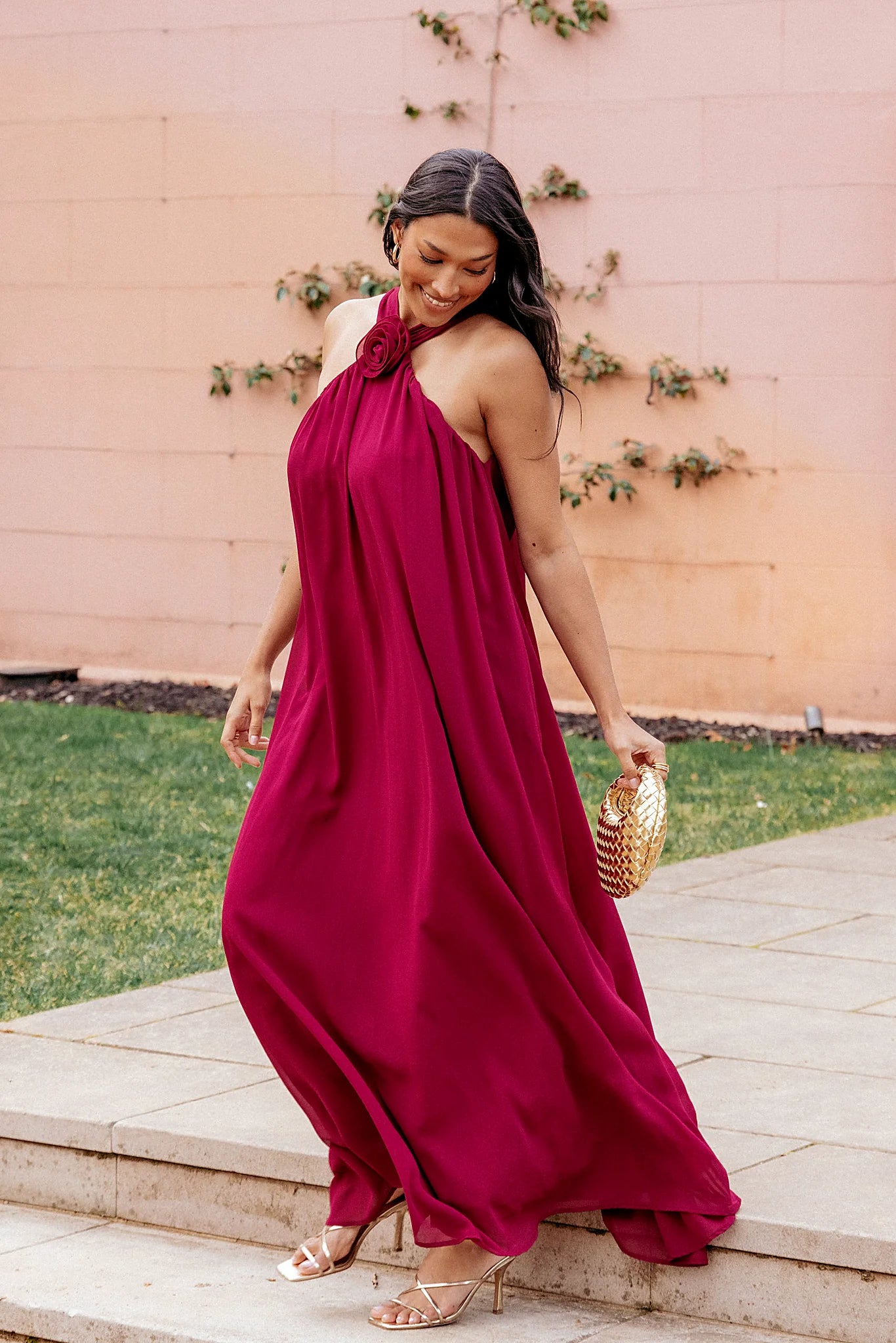 Berry red halter neck maxi dress