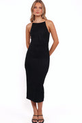 Black bodycon midi dress with a high neckline and thin straps