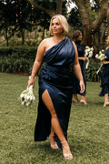 Navy satin one shoulder maxi dress with an asymmetric neckline