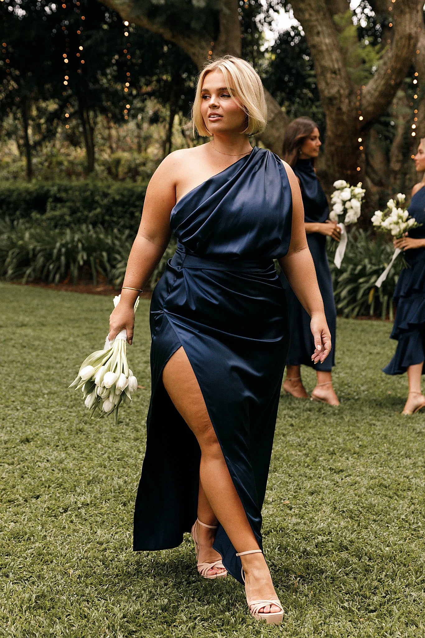 Navy satin one shoulder maxi dress with an asymmetric neckline