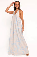 Blue Soleil halter neck maxi dress with a button close