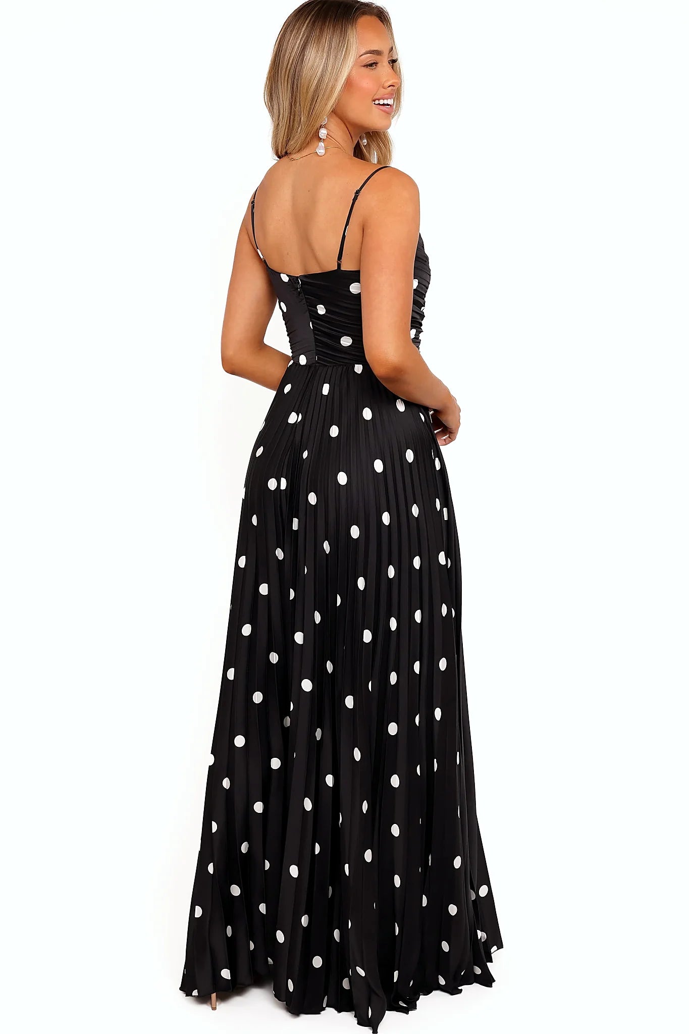 Naira Pleated Maxi Dress - Black Polka Dot