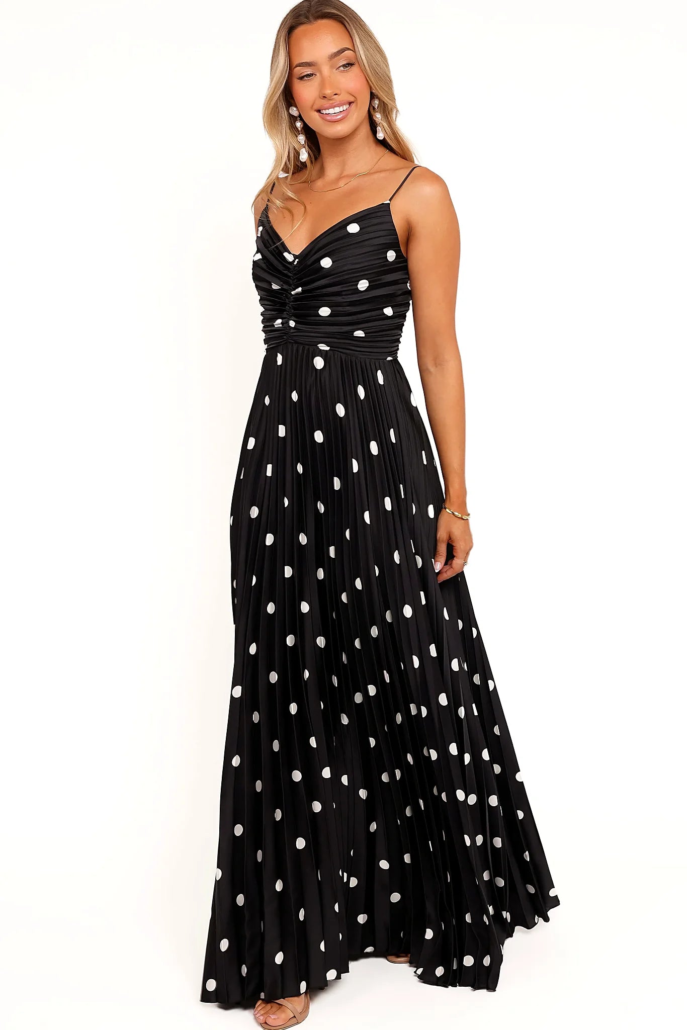 Naira Pleated Maxi Dress - Black Polka Dot