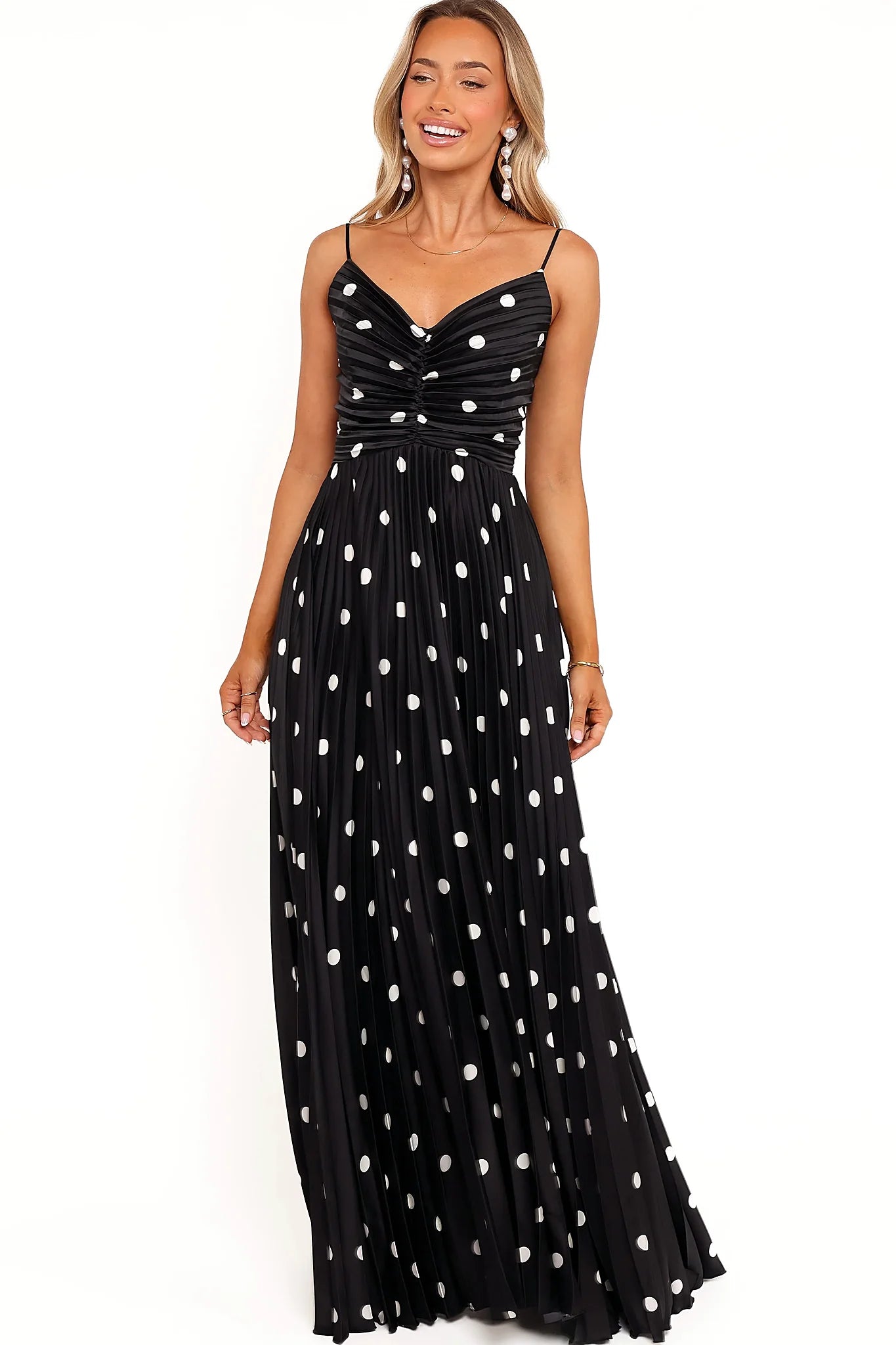 Naira Pleated Maxi Dress - Black Polka Dot