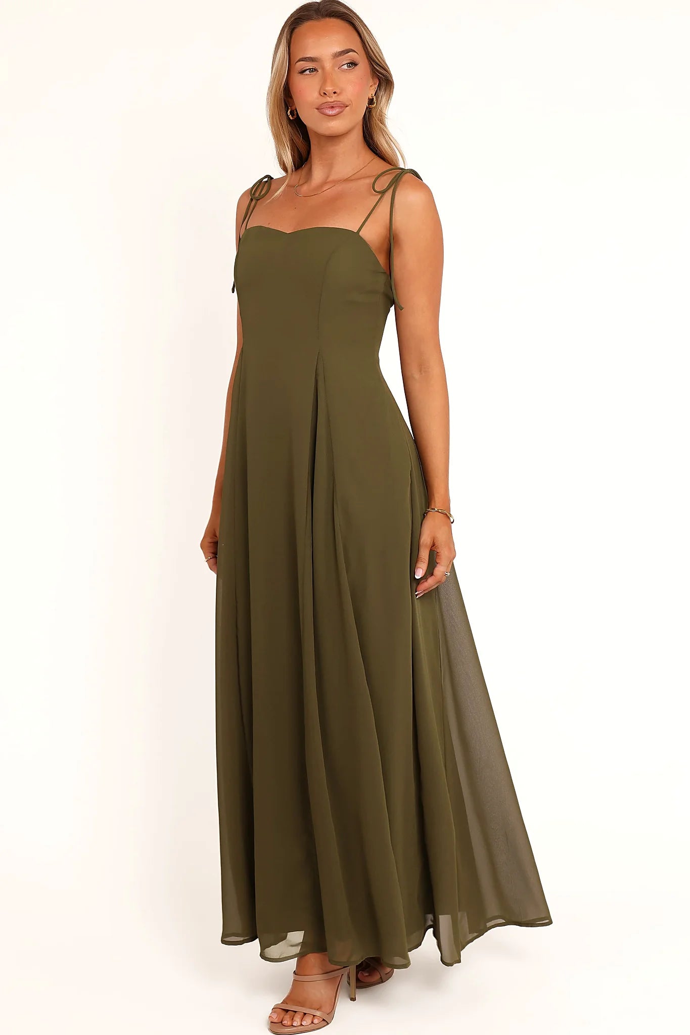 Full length view of an olive sweetheart maxi dress
