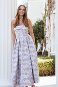 Sage floral strapless midi dress with a folded bandeau neckline