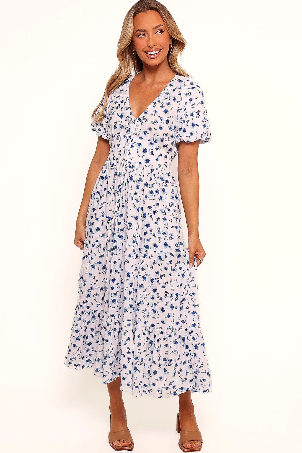 Short sleeve with elasticised cuff on a blue floral maxi dress