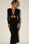 Black sequin embroidered midi dress with a V neckline and tie