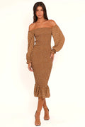 Small brown floral off shoulder midi dress with elasticised neckline