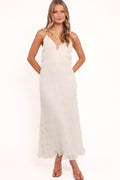 Cream midi dress with a V neckline and keyhole cut out on the bust