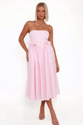 Pink strapless midi dress with a boned bodice and waist bow