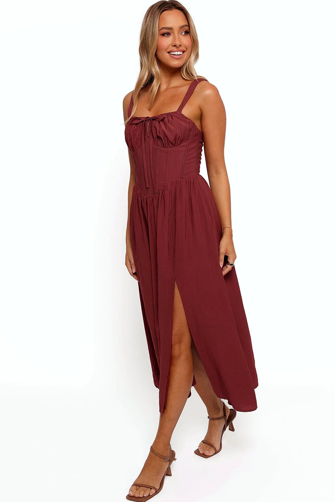 Structured boning in the bodice of a midi dress