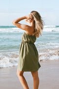 Leaf green strapless mini dress with a straight elasticised neckline