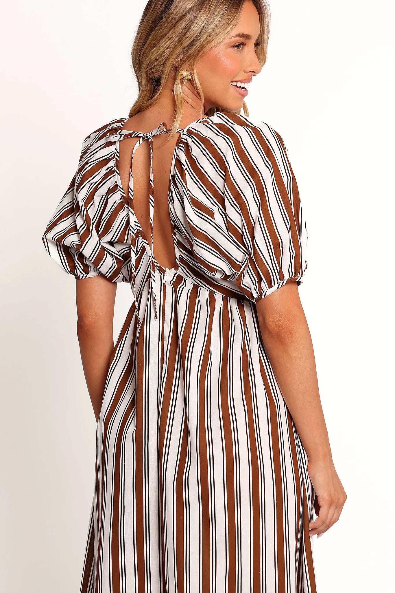 Invisible back zip on an unlined striped maxi dress