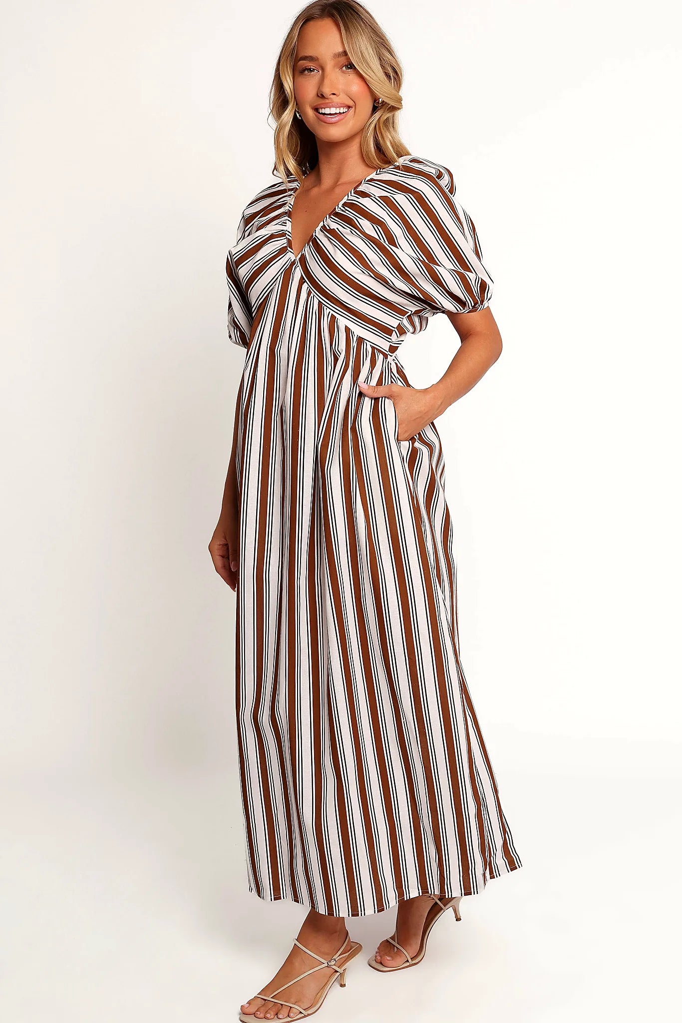 Full length view of a chocolate stripe puff sleeve maxi dress