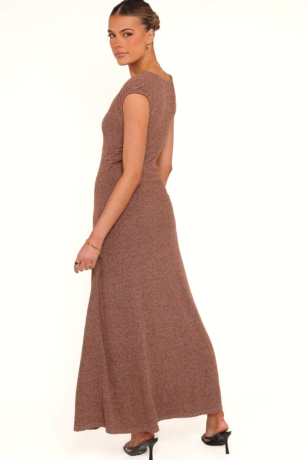 Full length view of an unlined brown marle midi dress
