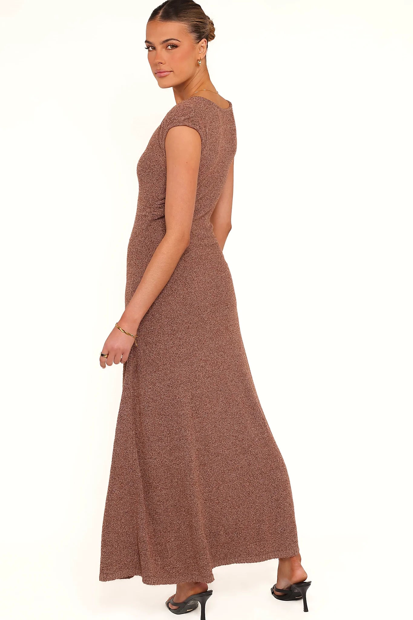 Full length view of an unlined brown marle midi dress