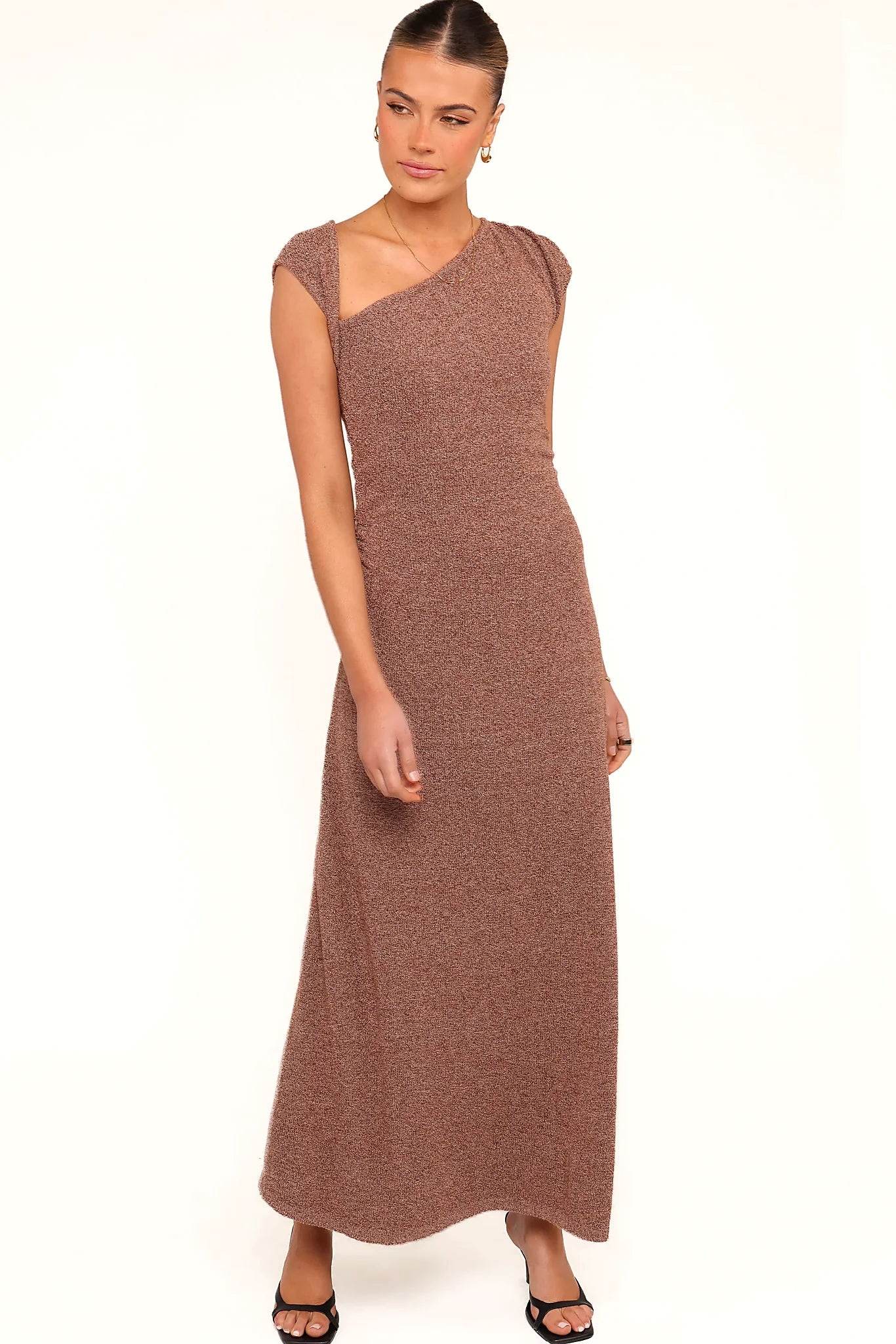 Brown marle knit midi dress with an asymmetrical neckline