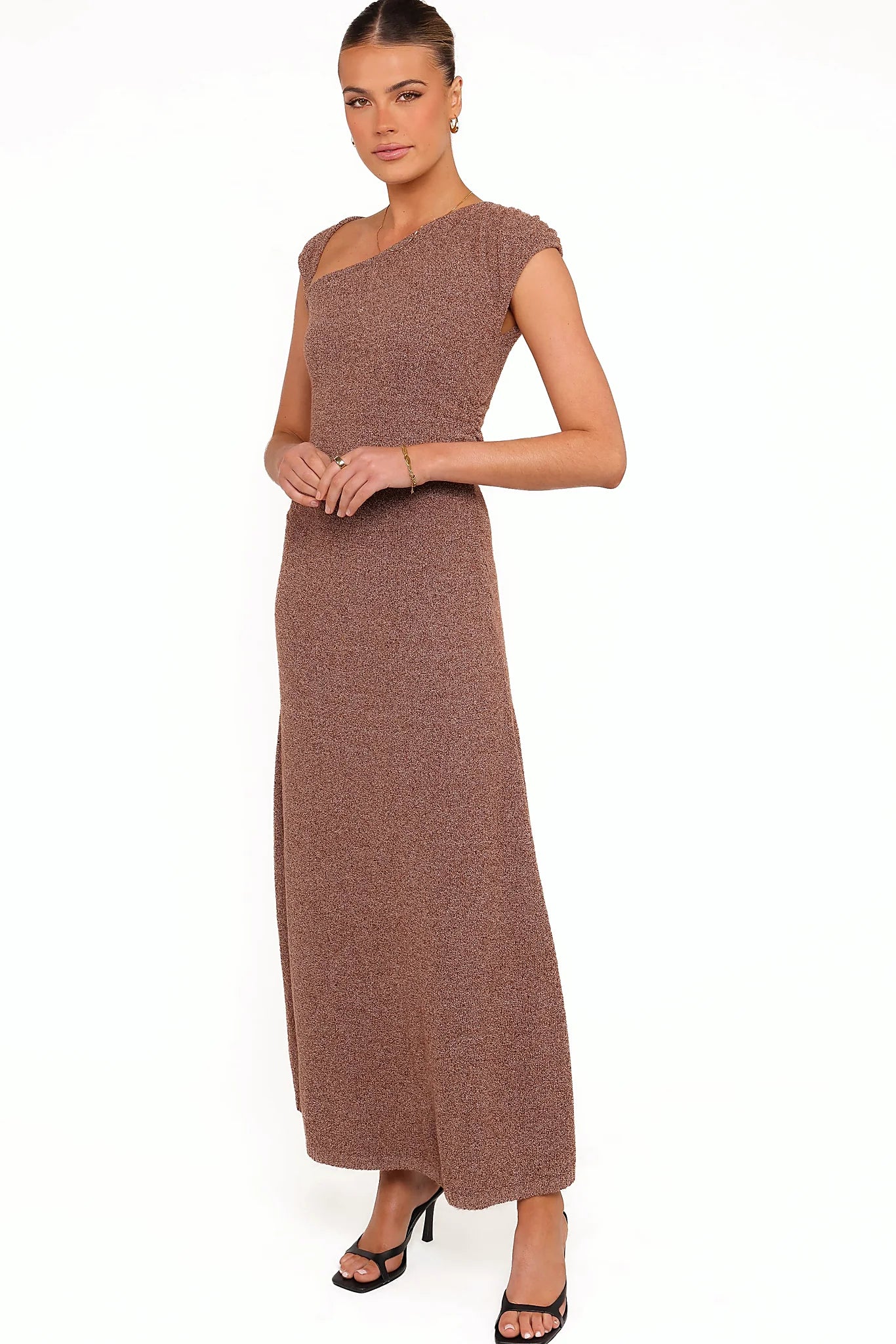 Short sleeve on a textured knit midi dress