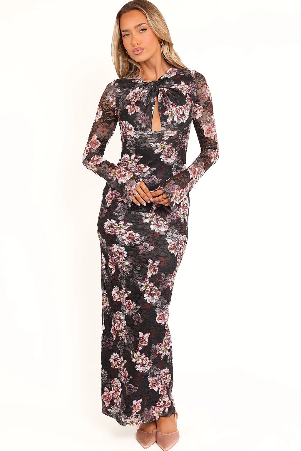 Front cut out design on a floral lace maxi dress