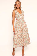 Pink floral midi dress with a V neckline and decorative bust tie