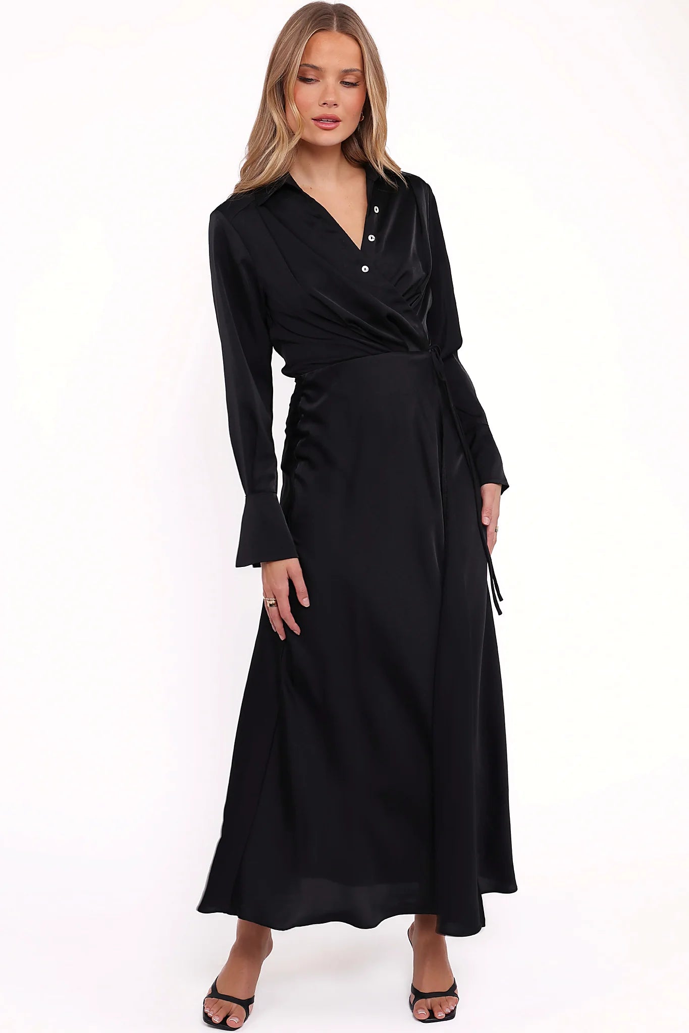 Black satin maxi dress with a spread collar and V overlay neckline