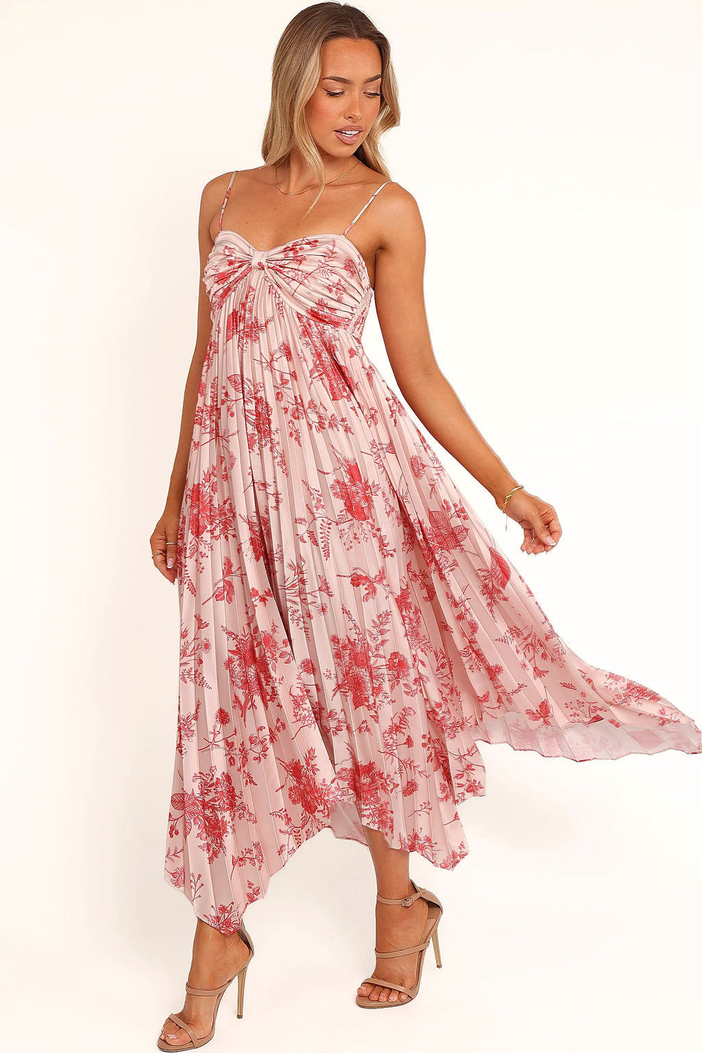 Full view of a red floral metallic satin dress