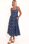 Blue daisy floral print midi dress with a square neckline